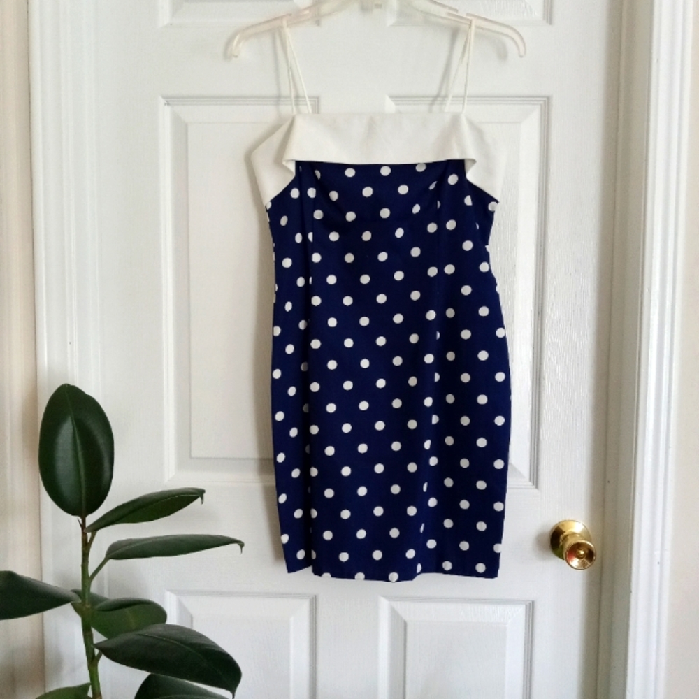 Vintage Mini Dress Cotton Polka Dot Navy Blue White Bow Linea Moda Size 8